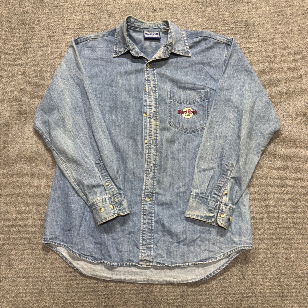 VTG Hard Rock Denim Button Up long-sleeve Shirt Mens L Blue Y2K Embroidered 90s